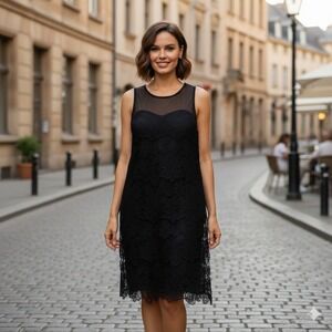 QED London Black Mesh Lace Overlay Mini Dress Sleeveless Sheer Size L